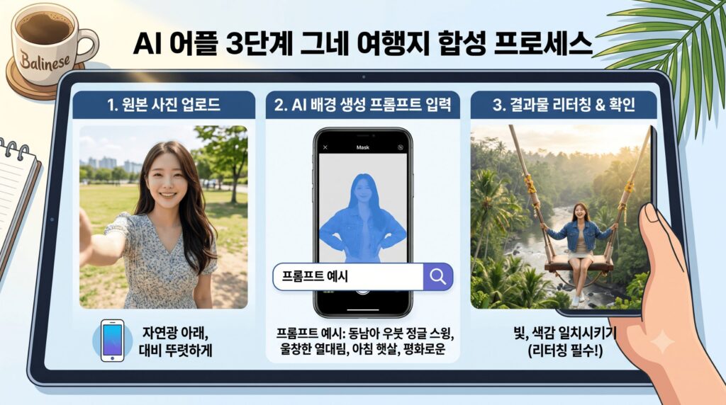 AI 사진 배경 바꾸기: AI 사진 합성 어플로 배경을 바꾸는 3단계 과정을 보여주는 안내 이미지