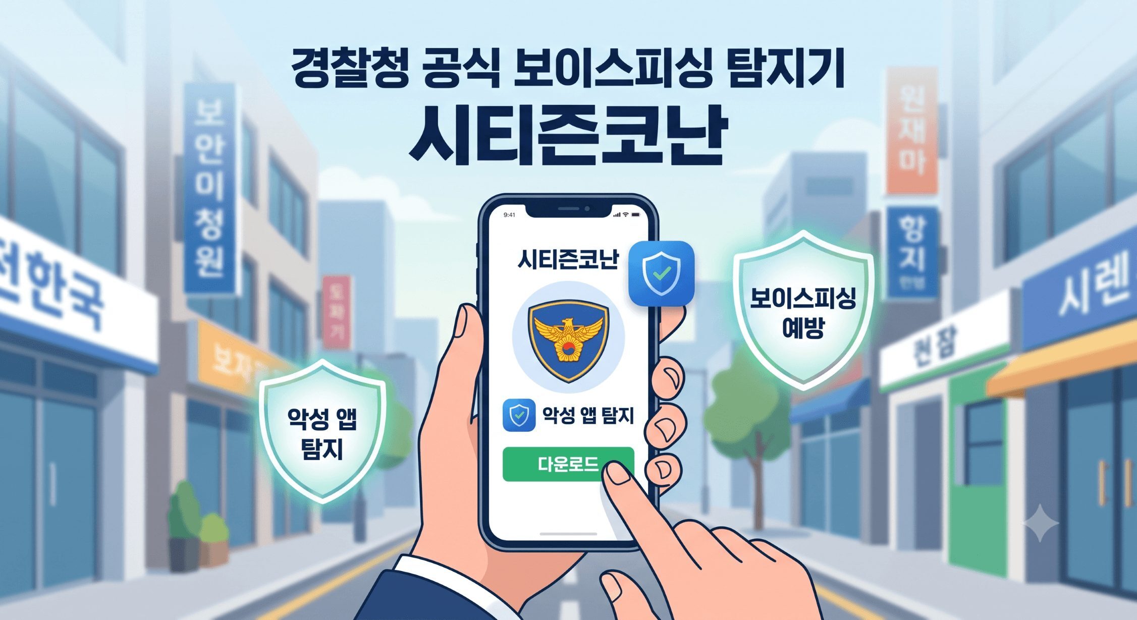 대한민국의 현대적인 도시 거리를 배경으로 한 일러스트 그래픽. 손에 들린 최신 스마트폰 화면에 '시티즌코난' 앱 인터페이스가 보이며, '다운로드' 버튼이 눌러지고 있습니다. 화면에는 '경찰청 공식 보이스피싱 탐지기 시티즌코난'이라는 한글 텍스트와 함께 '악성 앱 탐지' 및 '보이스피싱 예방'을 나타내는 방패 아이콘이 빛나고 있습니다. 파란색과 녹색의 신뢰감을 주는 색상 조합으로 디자인되었습니다.