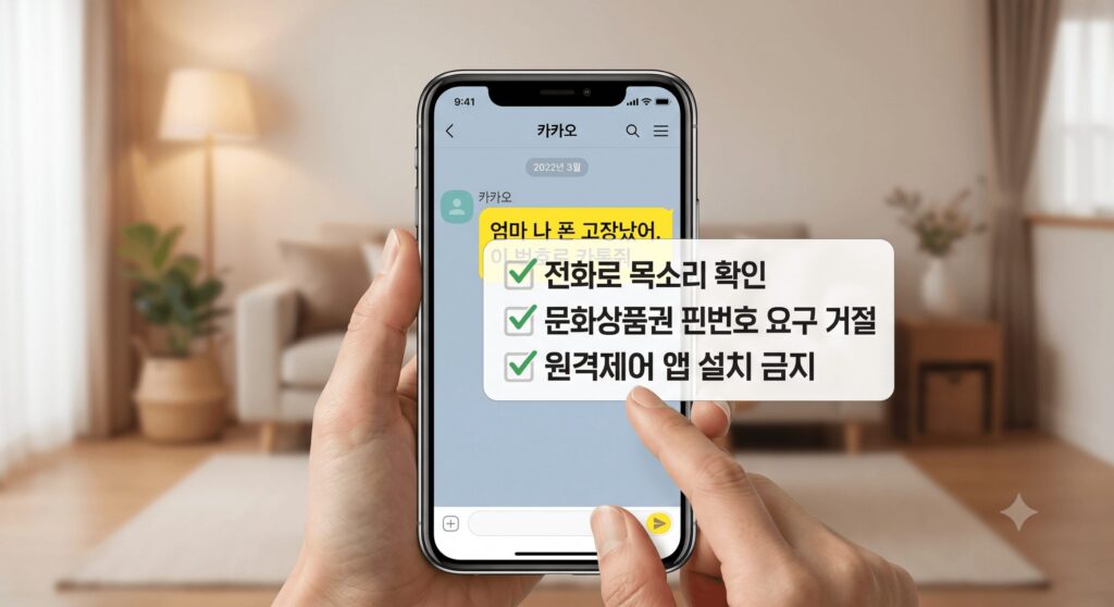카톡 지인 사칭 문자: 스마트폰이 고장 났다는 카카오톡 메시지를 걱정스러운 표정으로 확인하는 모습