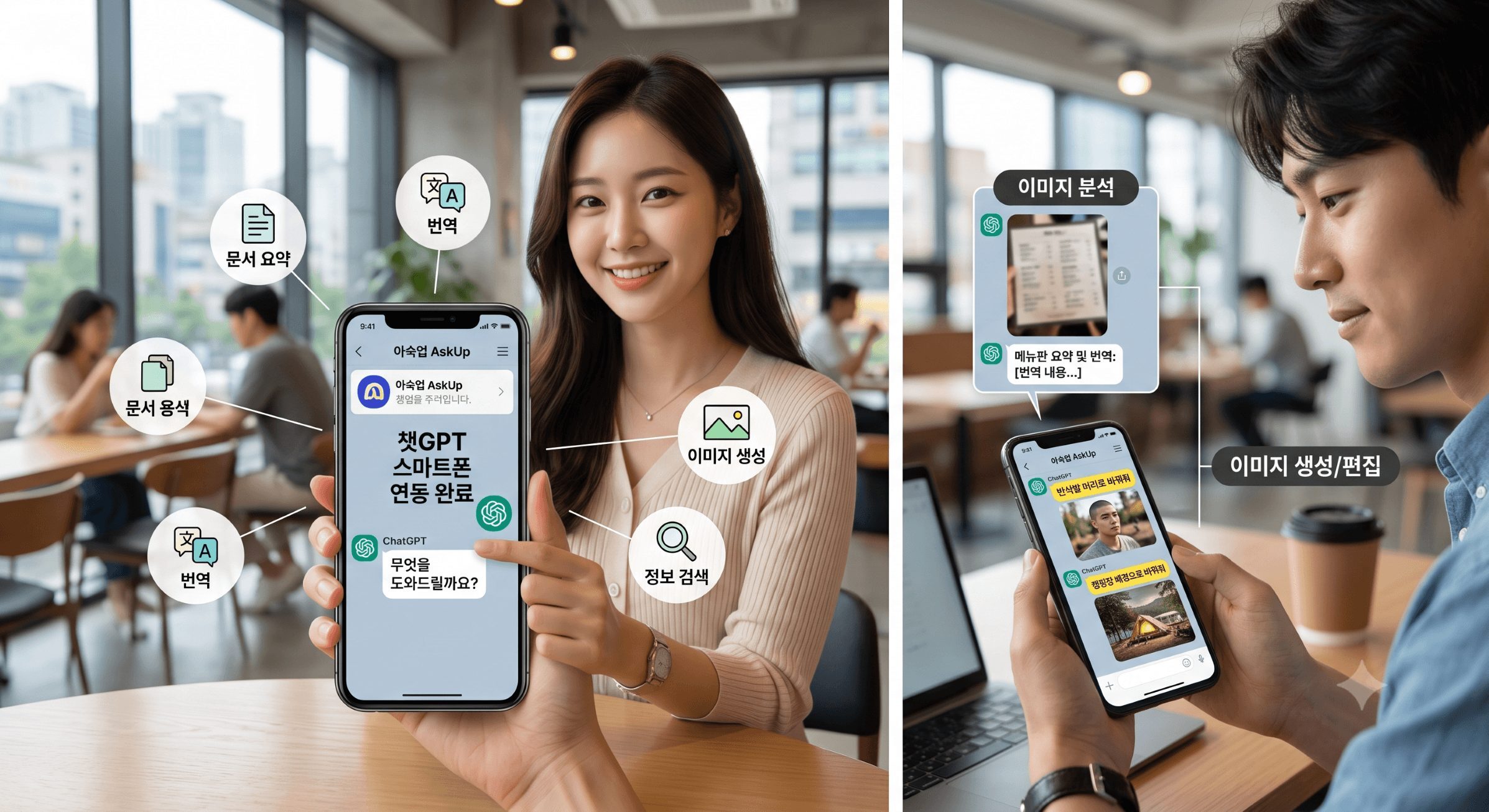 한국 여성의 손에 들린 스마트폰 화면에 카카오톡 아숙업(AskUp) 채널 추가 완료 및 챗GPT 스마트폰 연동 완료를 알리는 한글 텍스트와 주변에 번역, 요약, 이미지 생성, 정보 검색 등 주요 기능을 시각화한 아이콘이 떠 있는 고품질 사진. 한국의 카페 배경.