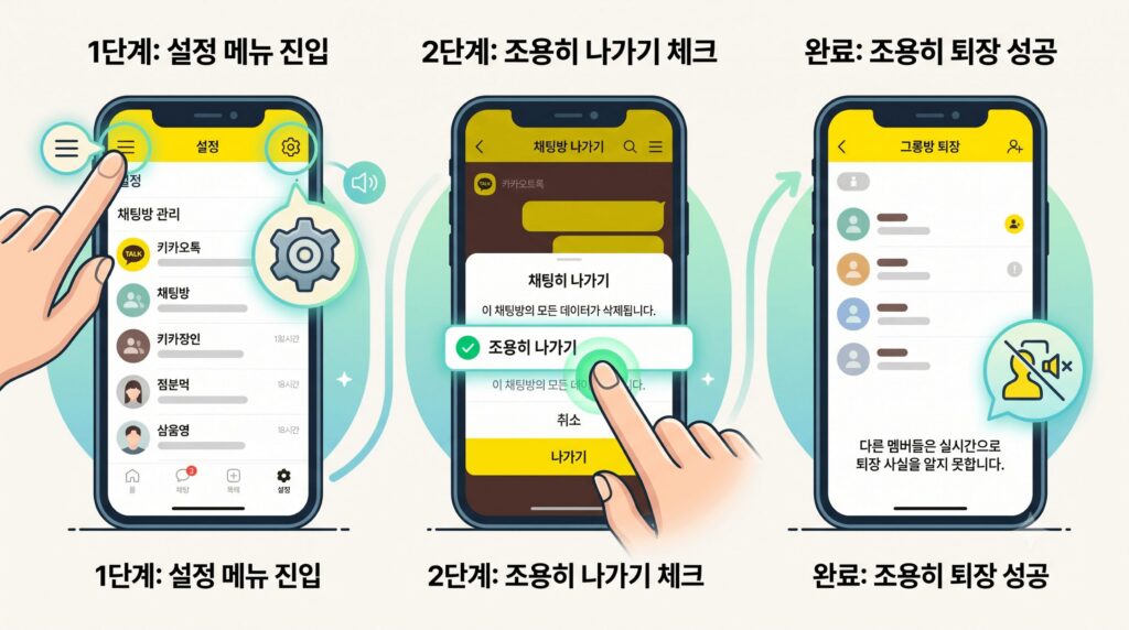 카카오톡 단톡방 나가기: 카카오톡 채팅방 나가기 팝업에서 조용히 나가기 항목을 체크하는 화면 설명 이미지