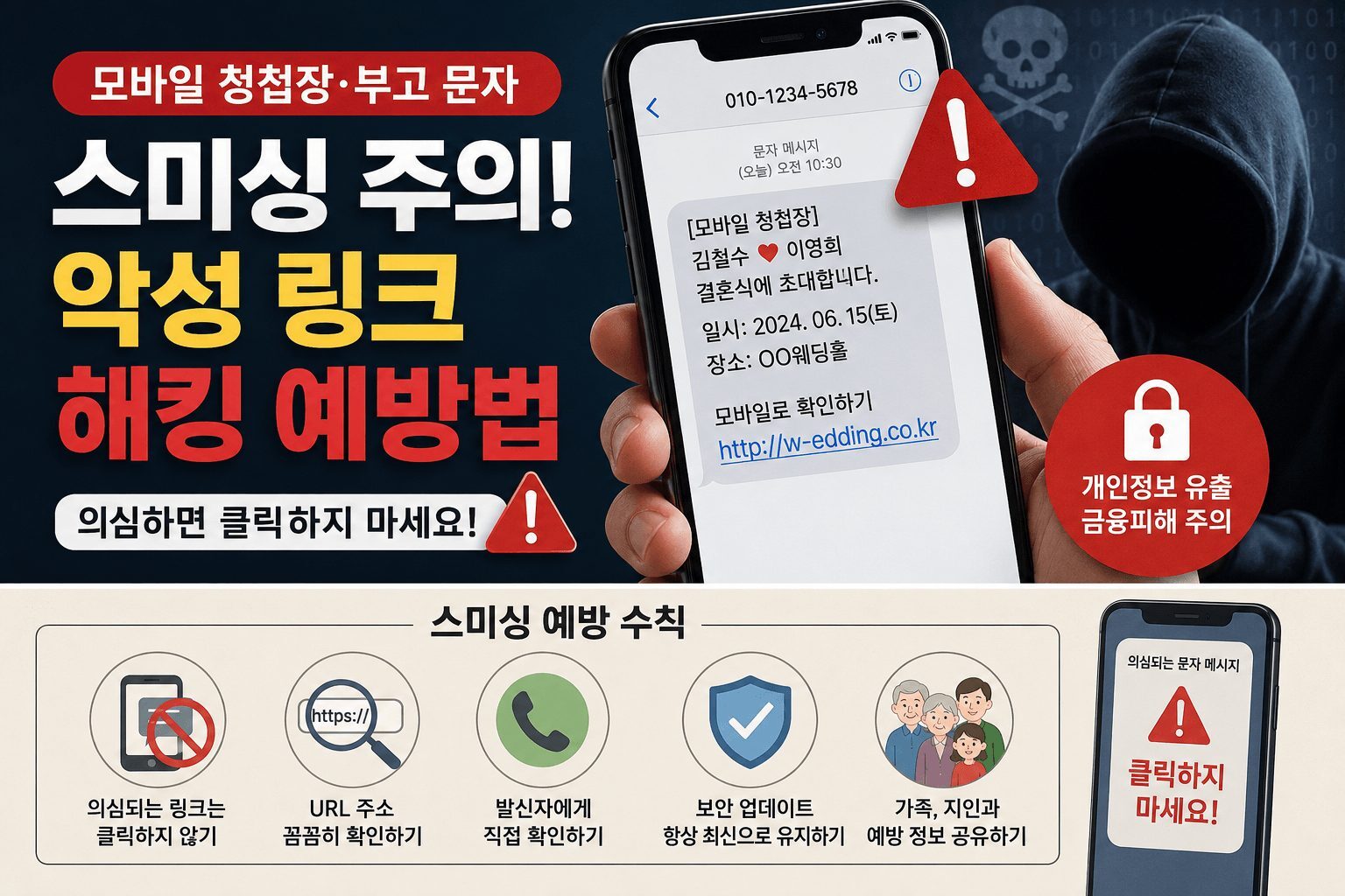 모바일 청첩장과 부고 문자 스미싱 주의 안내 이미지로 악성 링크 클릭 시 개인정보 유출과 금융 피해를 예방하는 방법을 설명하는 보안 인포그래픽
