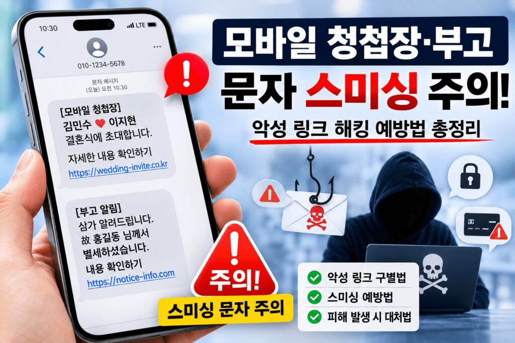 청첩장 부고 문자 스미싱: 모바일 청첩장·부고 문자 스미싱 예방법을 안내하는 인포그래픽