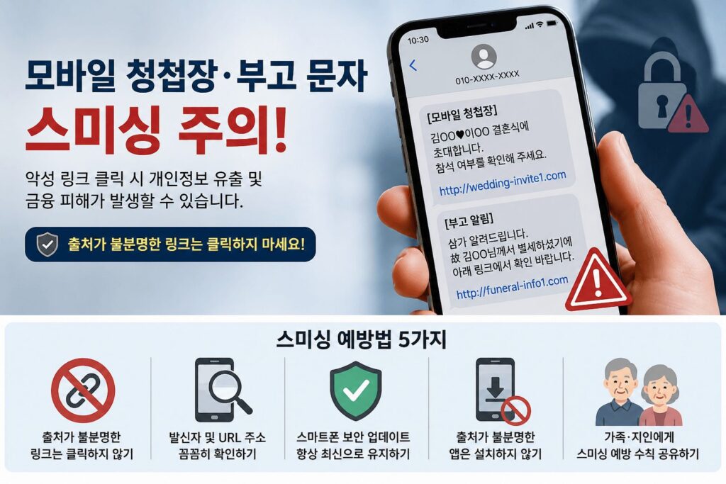 스미싱 의심 문자 신고 절차를 안내하는 인포그래픽