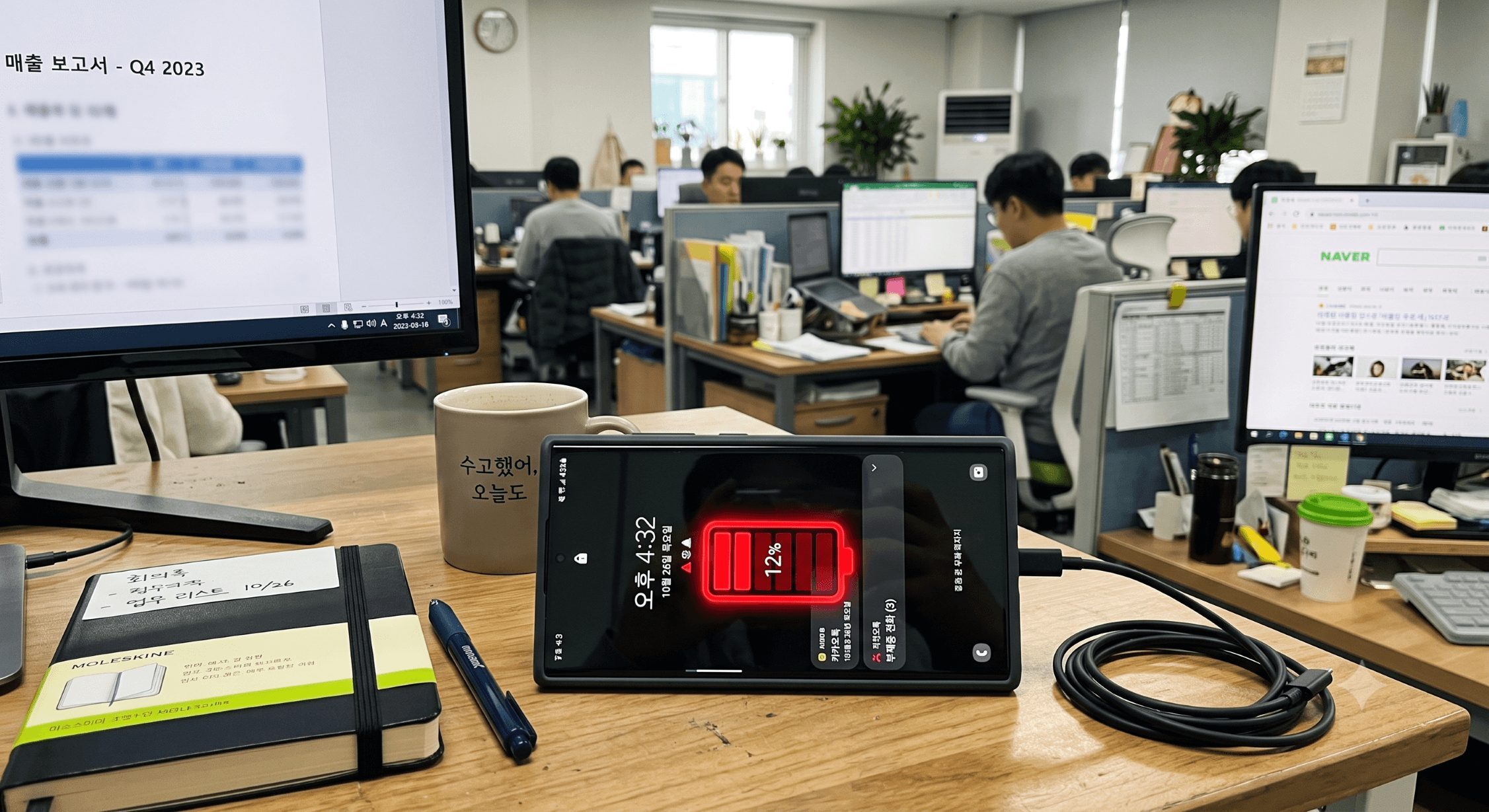 한국 사무실 책상 위에 놓인, 빨간색 배터리 부족 경고가 켜진 최신 스마트폰의 모습