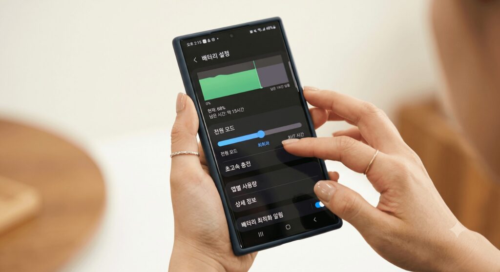 스마트폰 배터리 빨리 닳음: 스마트폰 배터리 설정 메뉴에서 최적화 옵션을 켜는 모습