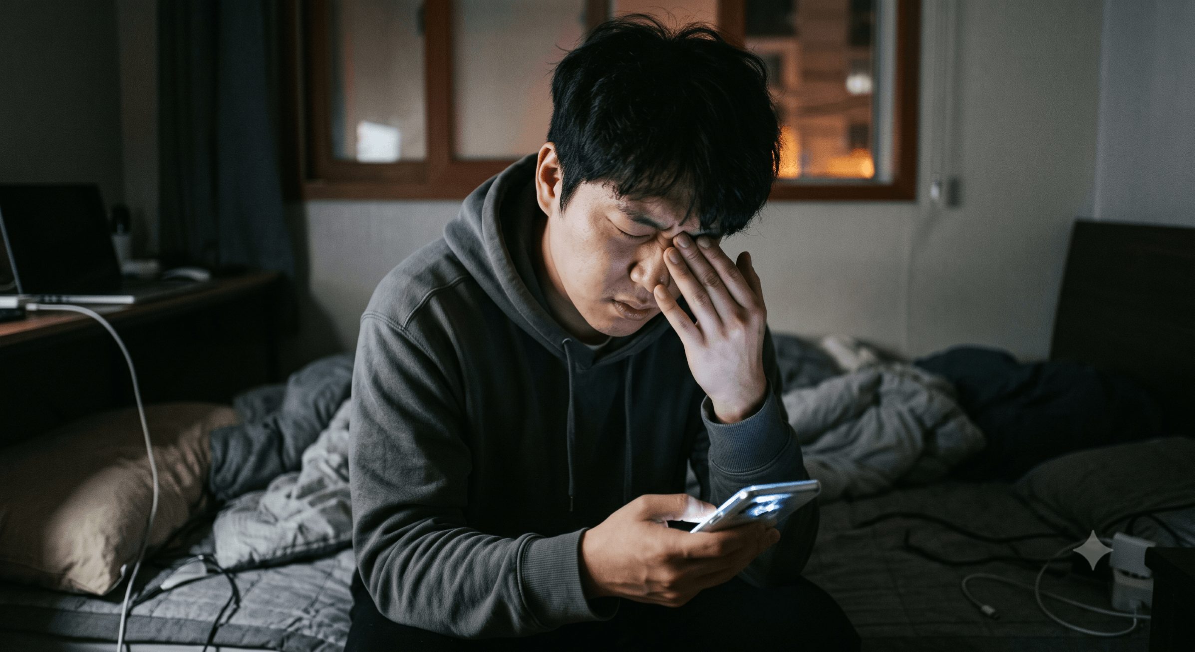 어두운 방 안에서 스마트폰을 보며 피곤한 눈을 비비고 있는 한국인의 모습