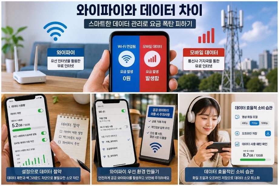 와이파이 데이터 차이: 와이파이와 모바일 데이터의 차이를 비교하는 안내 이미지